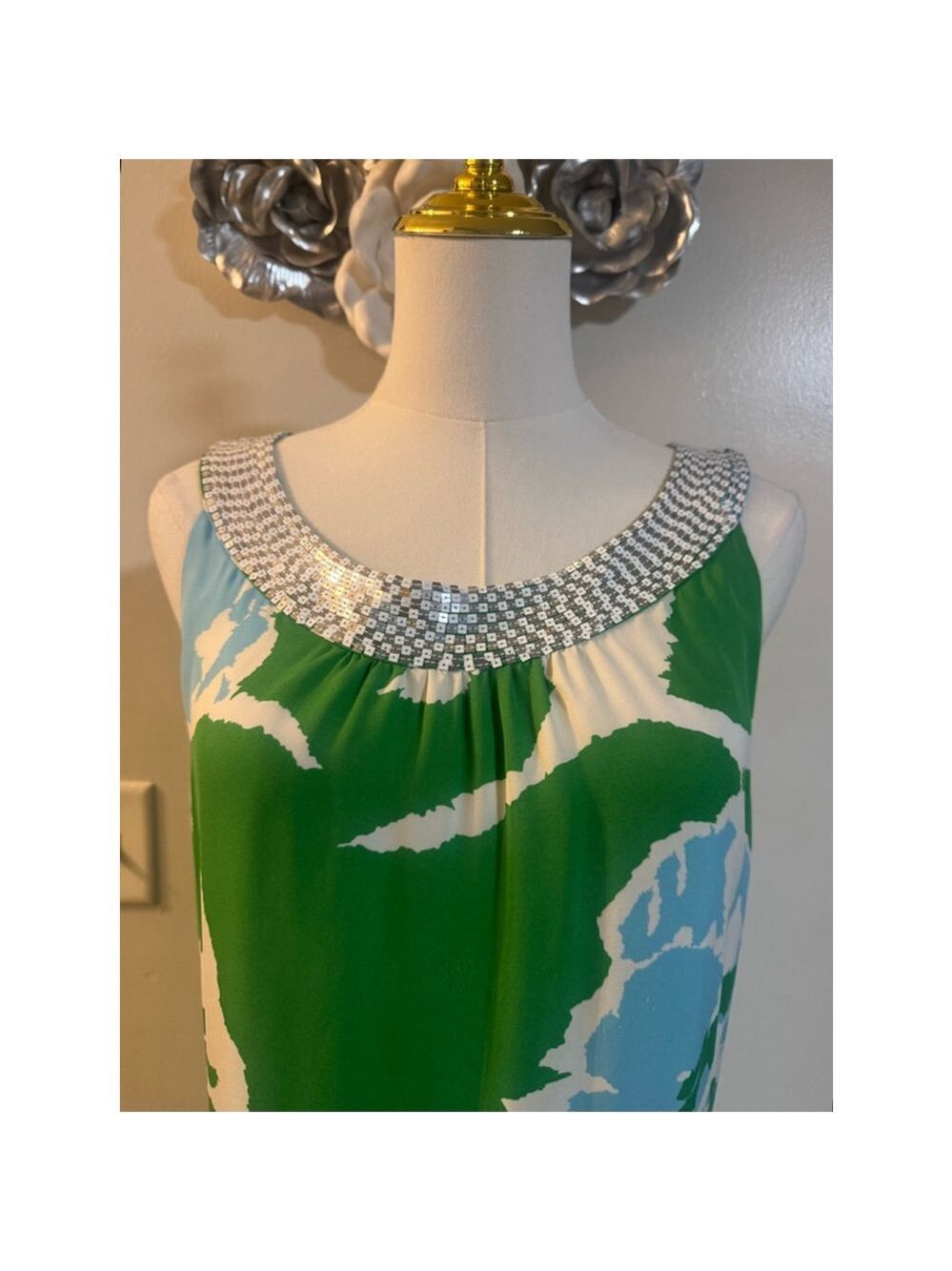 Tory Burch Silk Shift Dress – Size 12 – Sequin Neckline – Green Blue Floral Prin - Picture 4 of 7